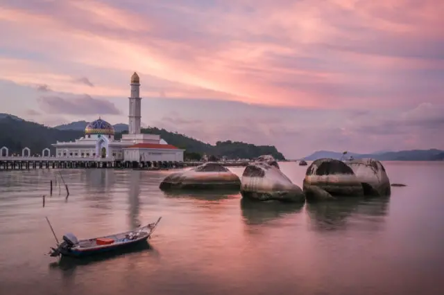 pulau pangkor floating mosque at sunset